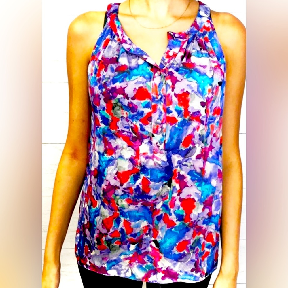Theory Blouse Tank Watercolor 93% SILK STRETCH Button Down Sleeveless EUC P/ TP